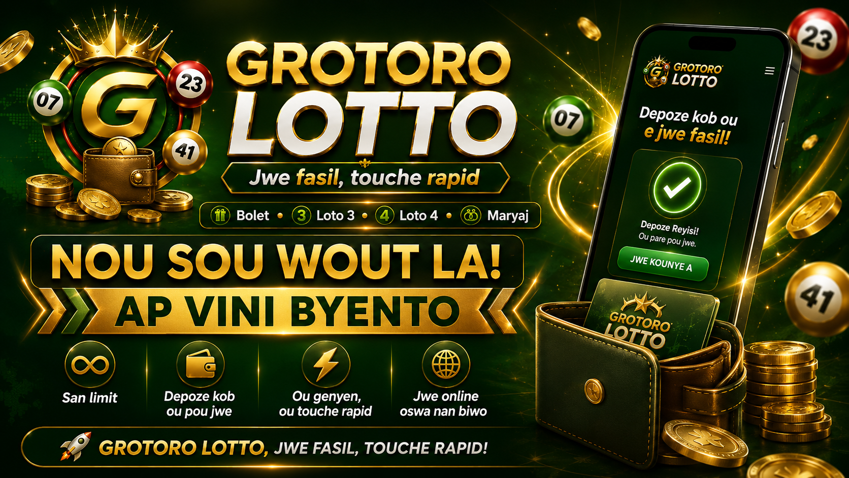 Grotoro Lotto sou telefòn — depoze epi jwe fasil